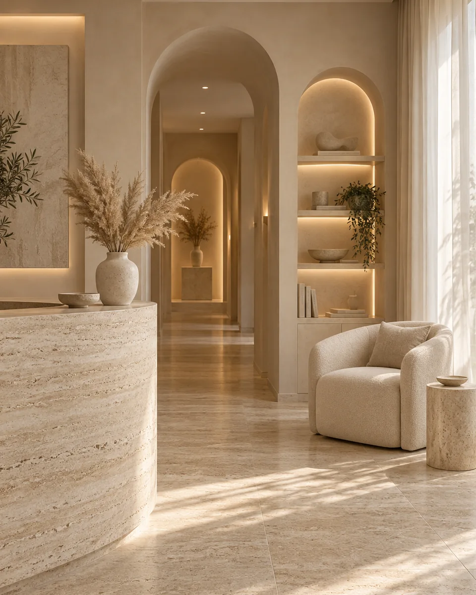 Bright AECLINIC clinic interior in warm beige tones