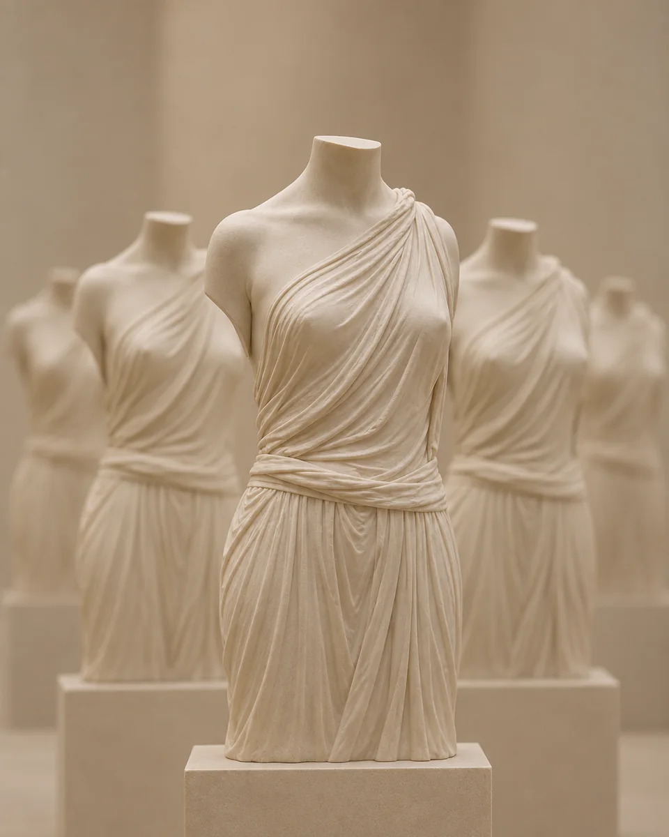 Five identical sculptures in a row - a single area of focus