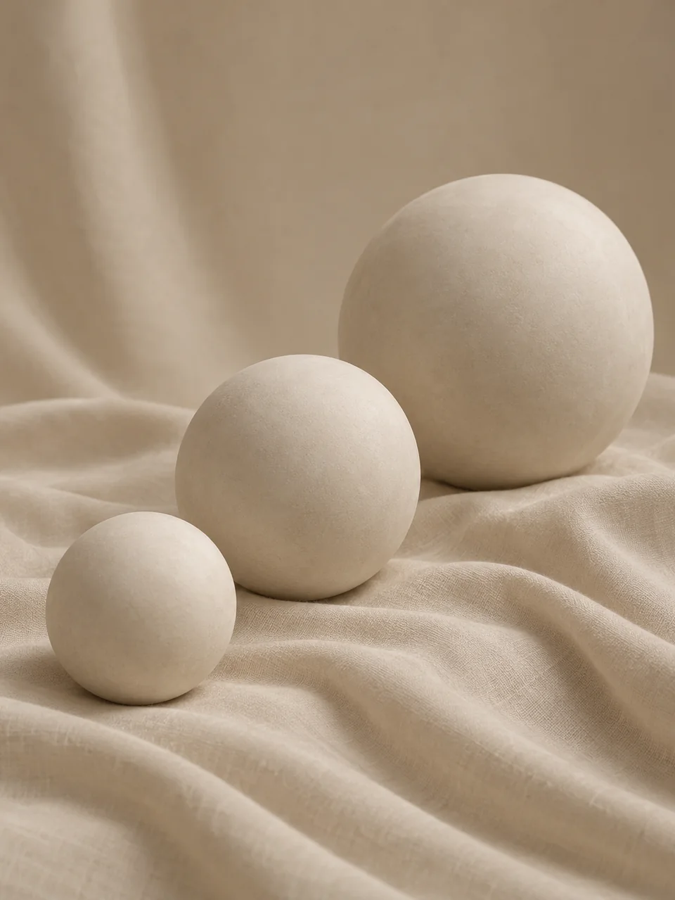 Three smooth plaster spheres on draped fabric - implant sizing