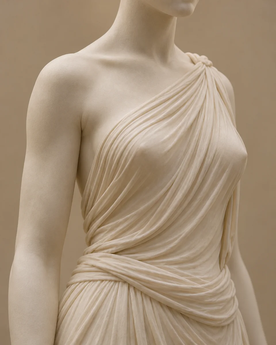 Fine-art plaster sculpture of a female torso in draped fabric - breast augmentation