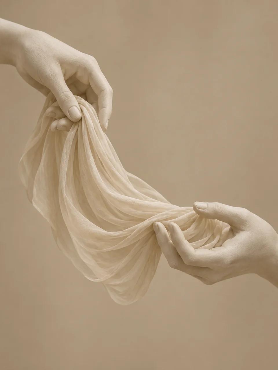 Two hands holding one flowing length of fabric - two techniques in one plan